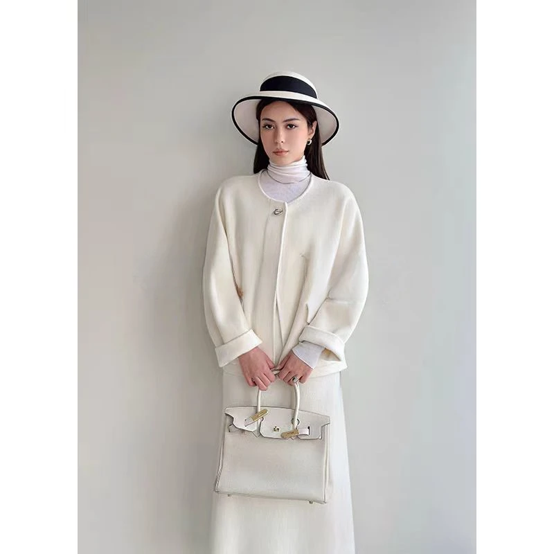 木锦浮光2024年秋冬季新款羊毛小香风短款廓形大衣圆领双面呢外套