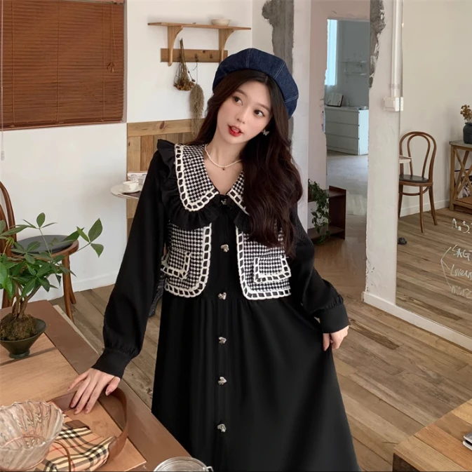 断码捡漏~~轻乳可可 / 设计感法式假两件娃娃领连衣裙7225花契