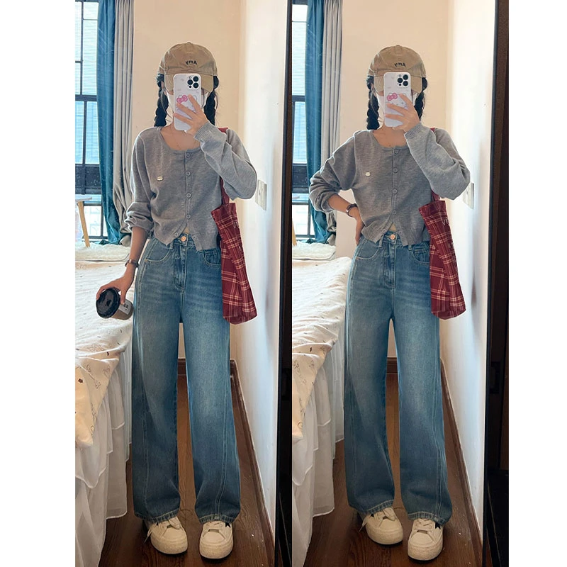 【4441】怀旧蓝美式宽松阔腿牛仔裤女2025年新款慵懒休闲拖地直筒裤