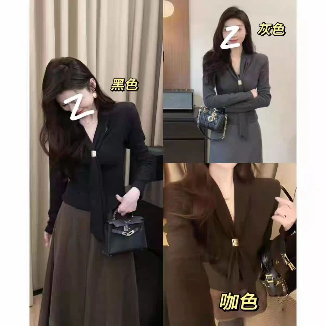 【瑶瑶专属】7789【衣长56】系带洋气抗皱杂志风时尚圆领灰色T恤长袖