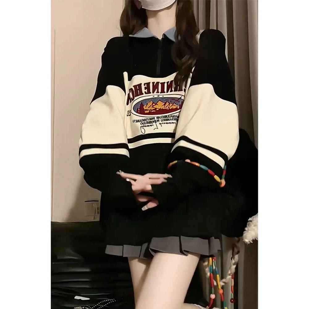 2025春秋高级感美式复古polo领卫衣女秋冬加绒oversize慵懒风上衣