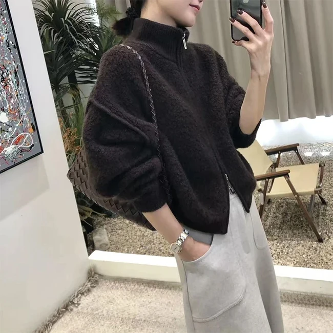 秋冬女装高端圈圈颗粒感外套慵懒风暗坑高领双拉链设计感毛衫外套