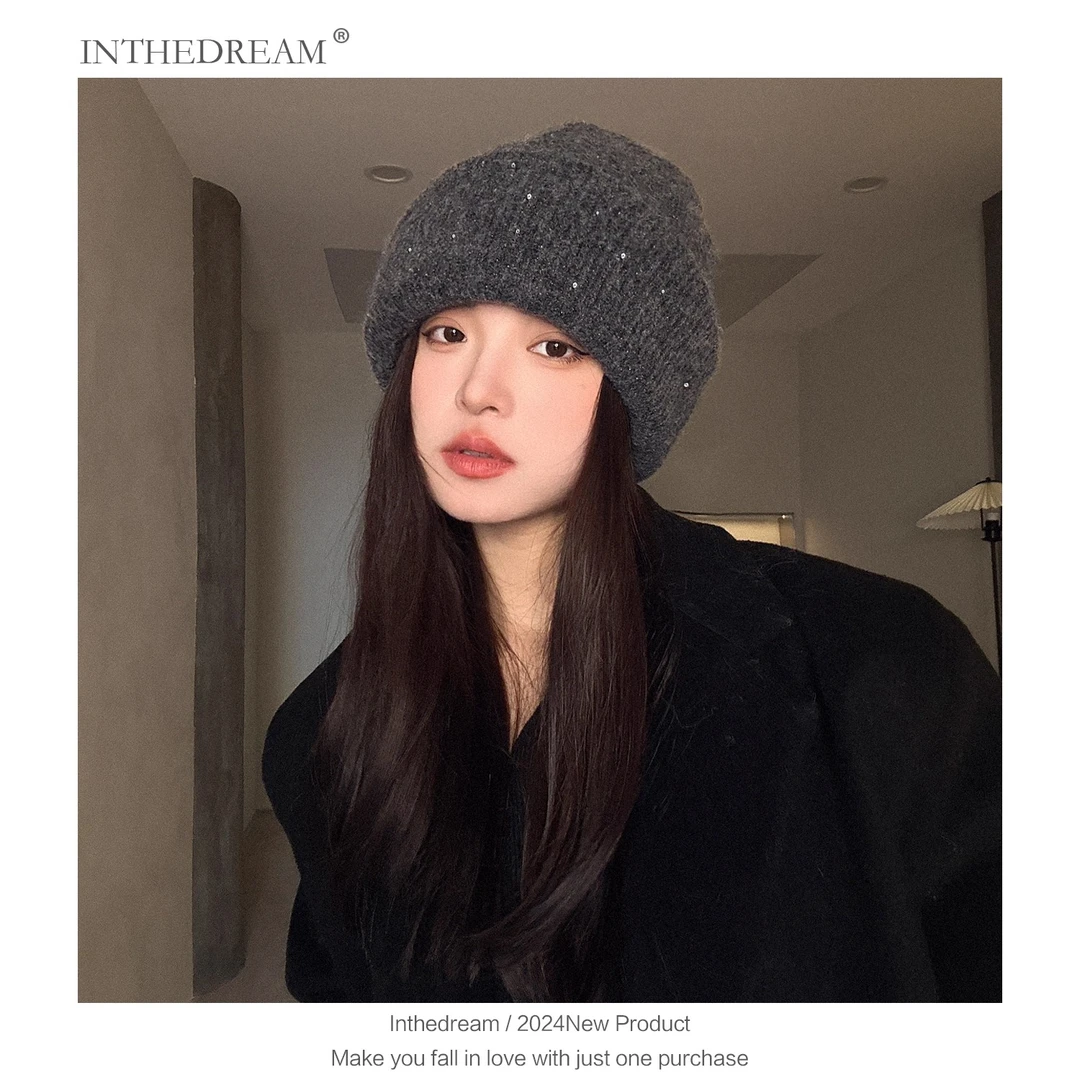 含羊毛秋冬毛线堆堆帽大头围百搭休闲冷帽保暖帽子女针织网红护耳