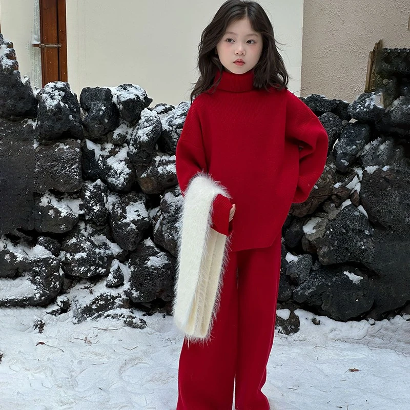 女童秋冬时尚套装洋气时髦红色毛衣加厚2025新品儿童新年拜年衣服