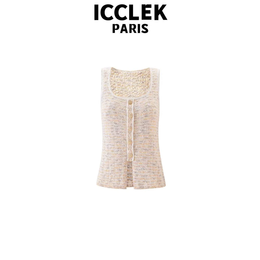 ICCLEK 碎花圆领纽扣针织背心百搭气质名媛修身显瘦减龄轻奢-5813
