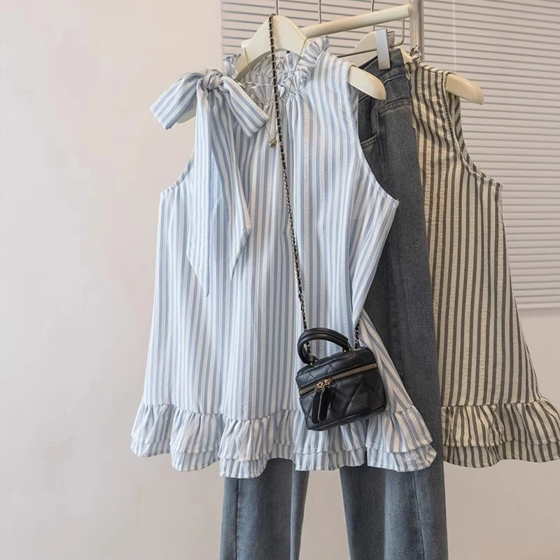 浅蓝色条纹吊带背心外穿女2025春夏胖mm双层荷叶边下摆无袖娃娃衫