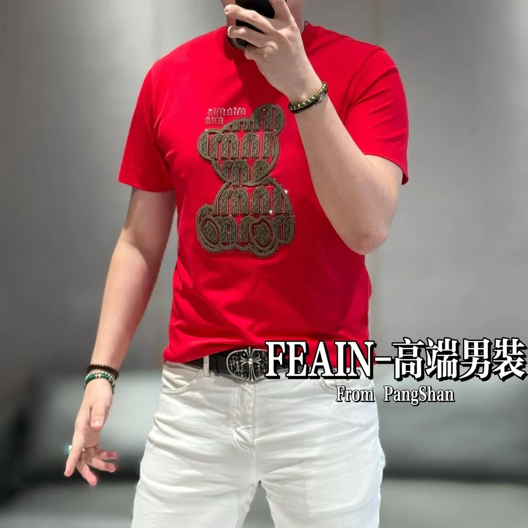 高端男士激光雕花立体硅胶小熊奥钻点缀短袖T恤2566