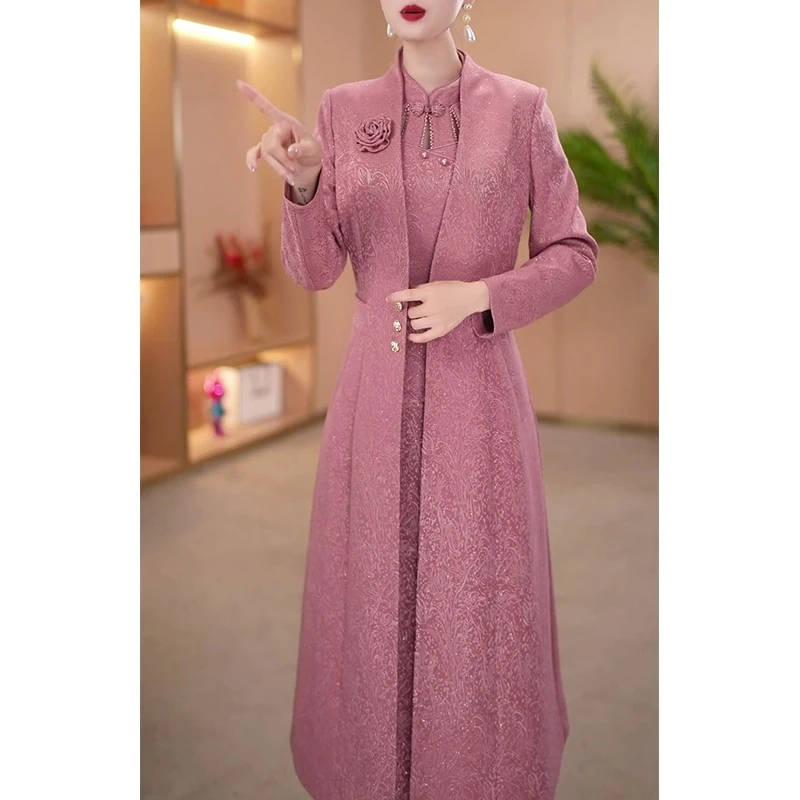 时尚中长款风衣两件套连衣裙女2025春秋新款新中式妈妈套装礼服裙