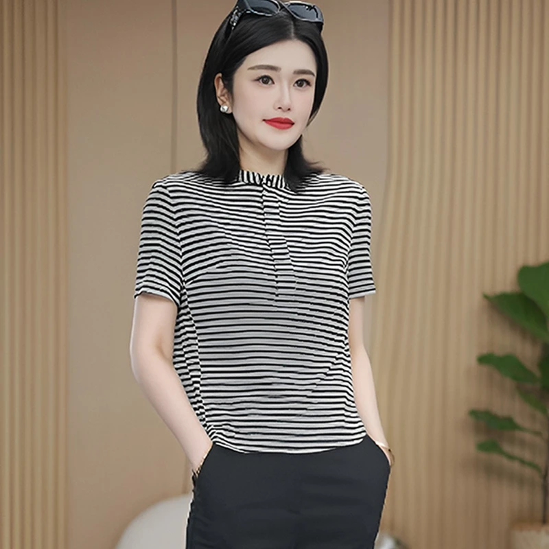高含棉设计感立领拼接短袖t恤女2026年夏季新款简约百搭显瘦上衣