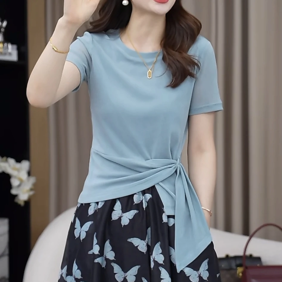 欧货大牌高端蓝色圆领不规则系带短袖2025年夏季新款宽松上衣女潮