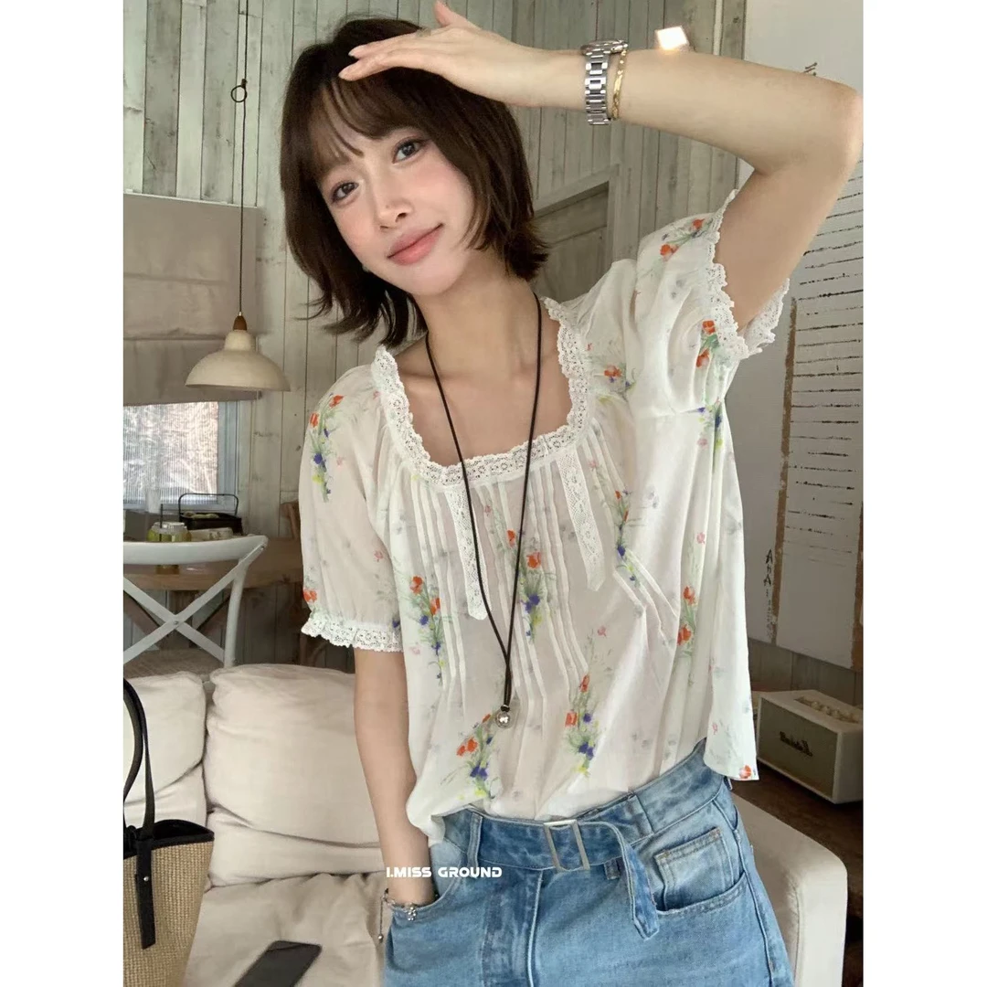 3069#IMISS#怦然心动~甜美温柔花边拼接碎花小衫（福利）