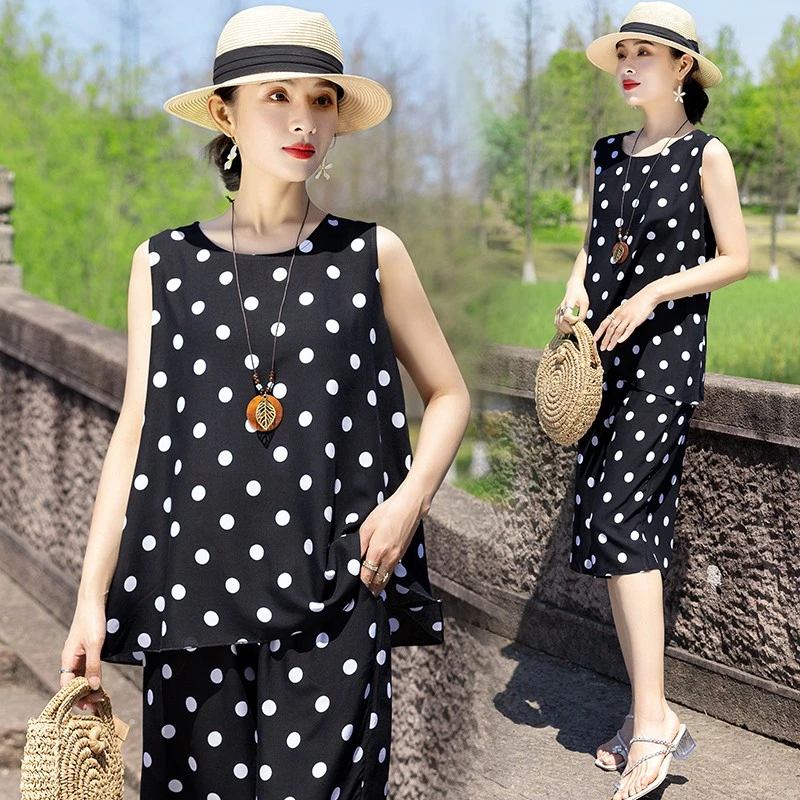 2025新款夏季大码两件套女妈妈休闲无袖上衣裤子居家外穿套装