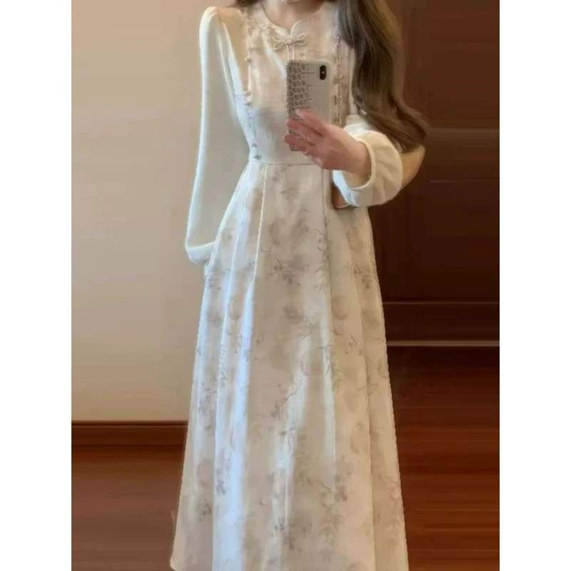 新中式国风复古假两件碎花连衣裙冷淡系独特别致裙子2025秋冬新款