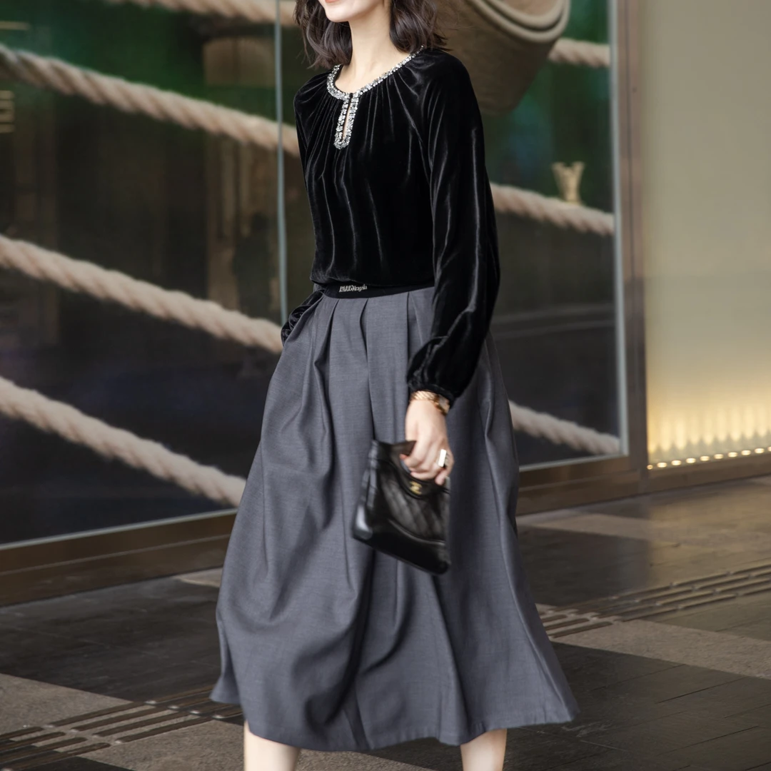 【丝芙玉禄】（Y95）腰头字母显瘦后拉链半身裙