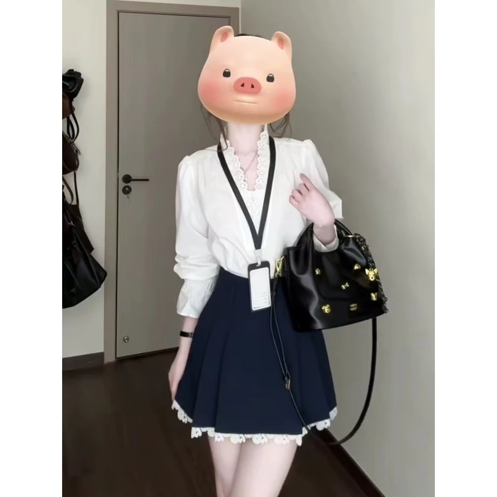 小个子套装高腰A字短裙女春气质蕾丝半身裙配花边V领衬衫套装2999