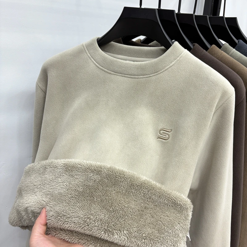 冬季套头抓绒打底衫加厚奥粒绒圆领卫衣男加绒加厚保暖上衣一体绒