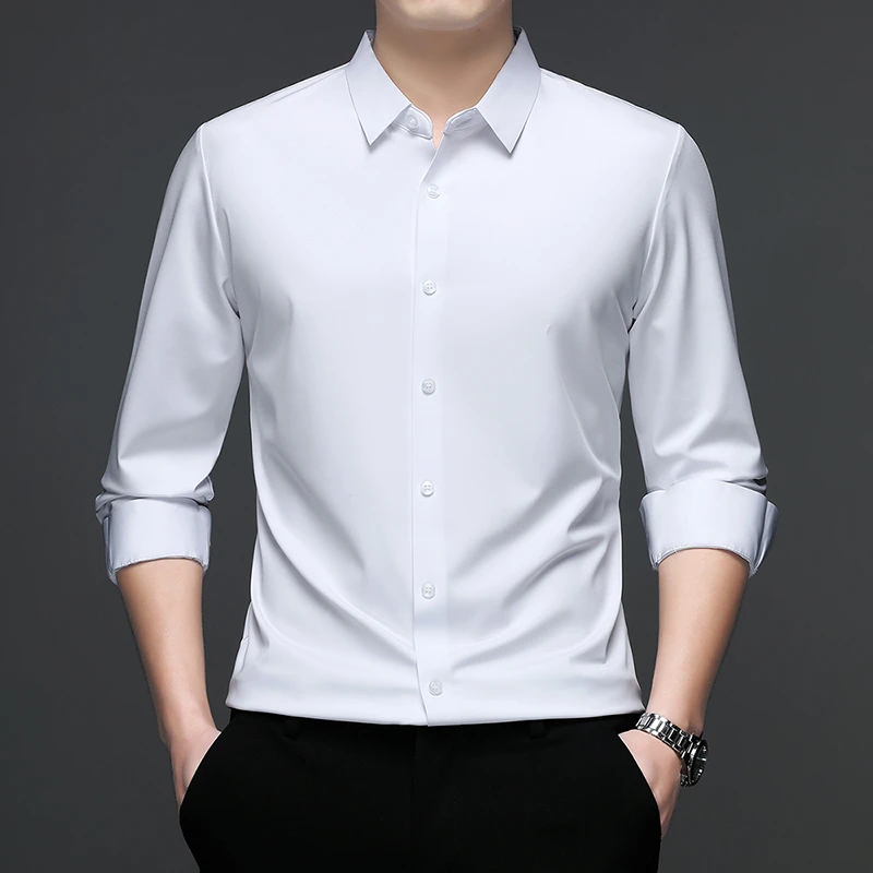 男士高档纯色高弹无痕内穿长袖职业工装百搭商务休闲白色时尚衬衣