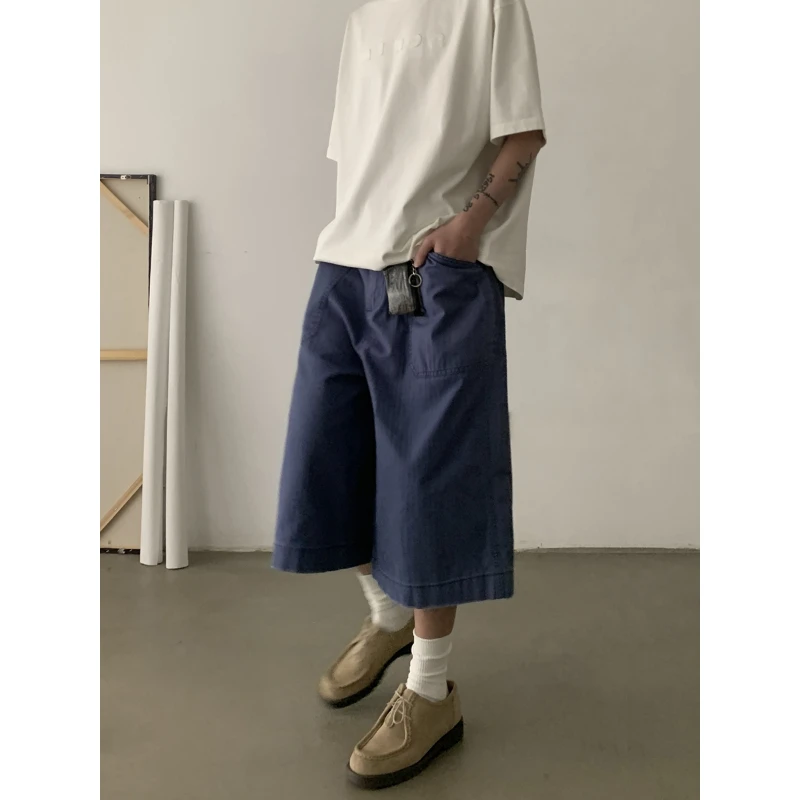 INKNOTS复古水洗做旧法工蓝七分裤潮流宽松夏季清凉男女阔腿短裤