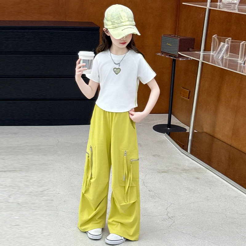 女童套装夏季2025新款儿童洋气中大童韩版短袖T恤直筒阔腿裤夏装t