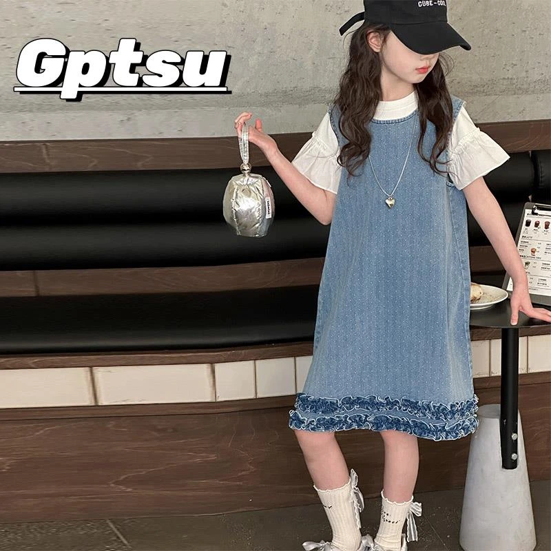 GPTSu女童牛仔连衣裙装套装2025款韩版洋气儿童短袖背心裙两件套
