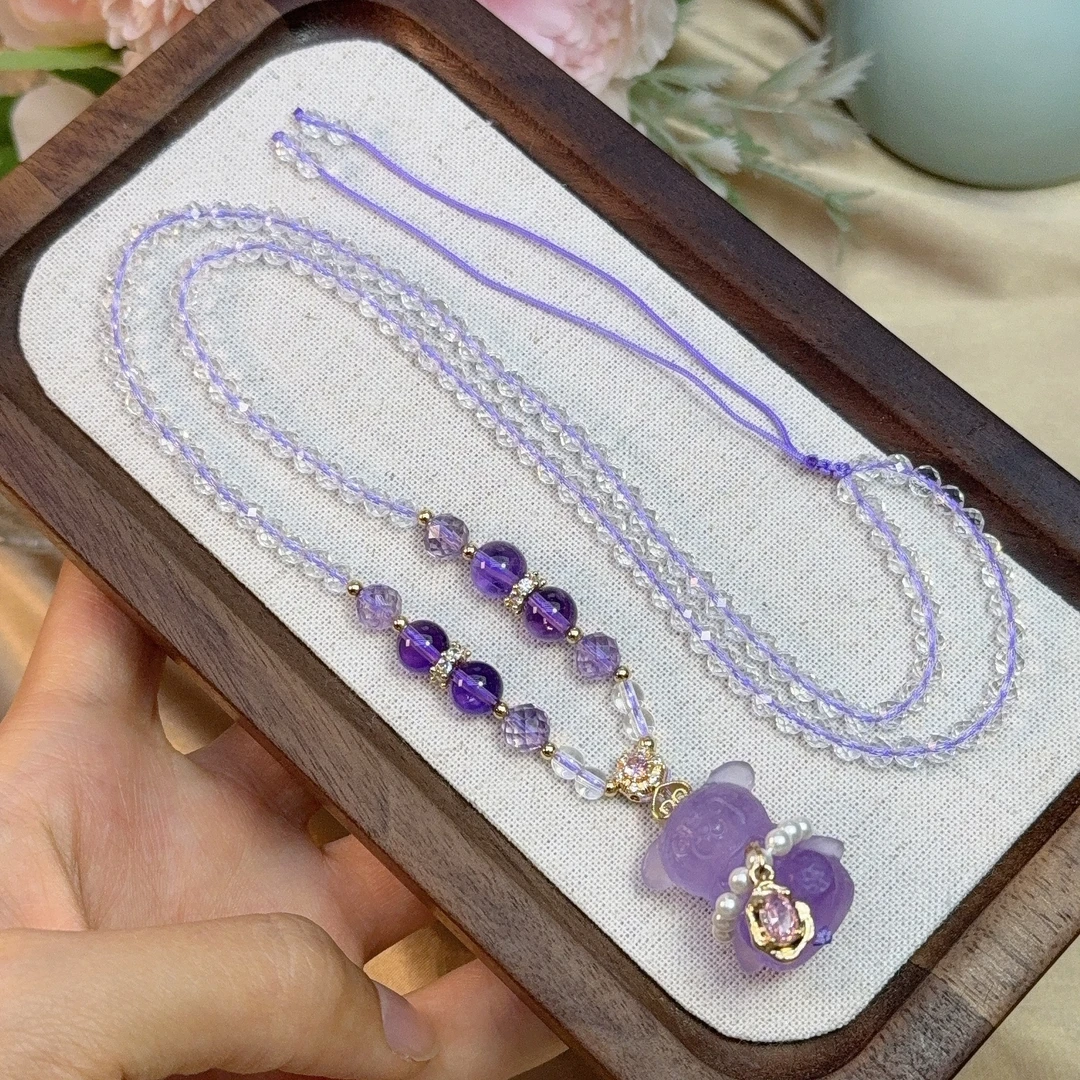 天然薰衣草紫水晶小熊轻奢时尚女士项链毛衣链紫色手链