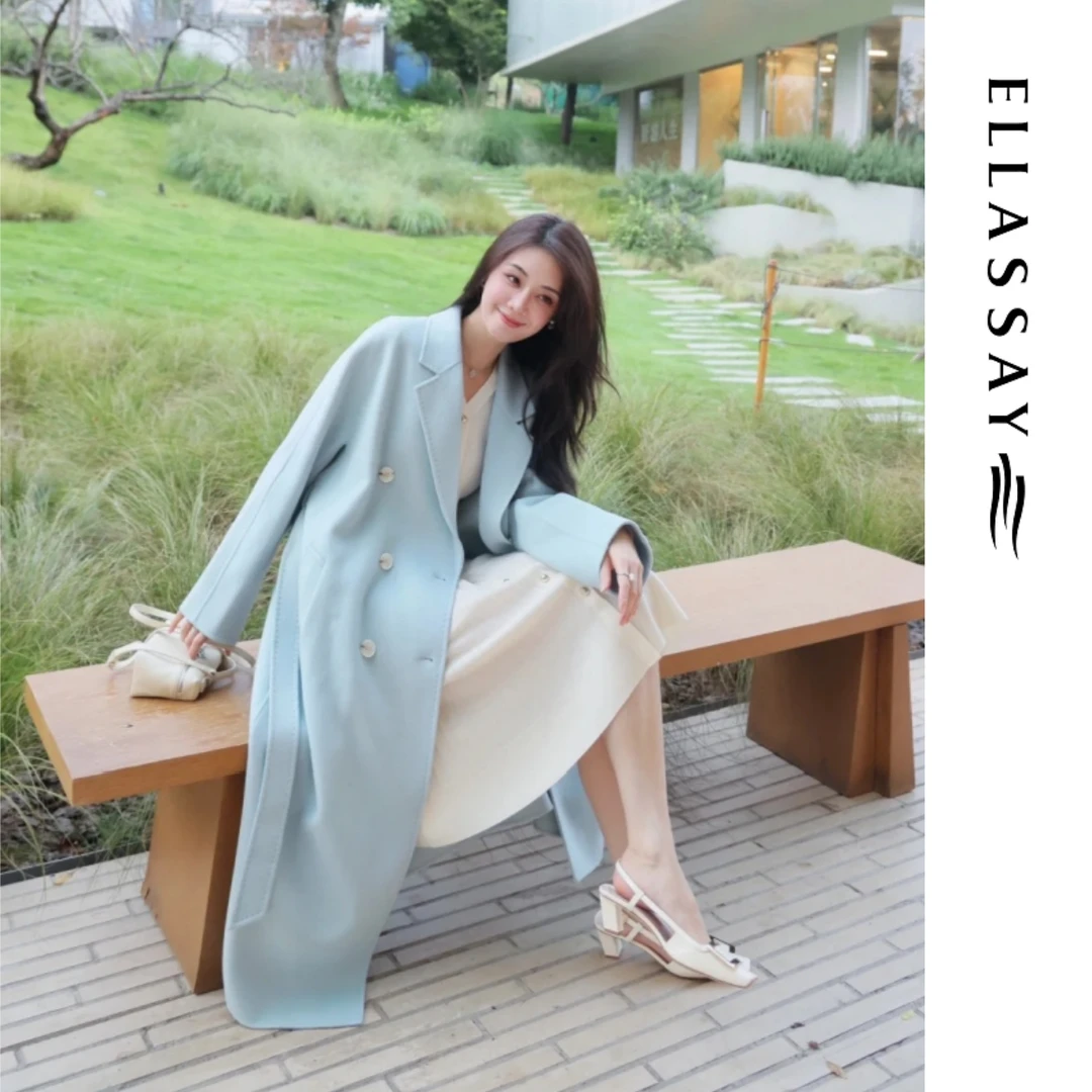 ELLASSAY歌力思秋冬新款绵羊毛双排扣毛呢外套大衣EWB354D00300