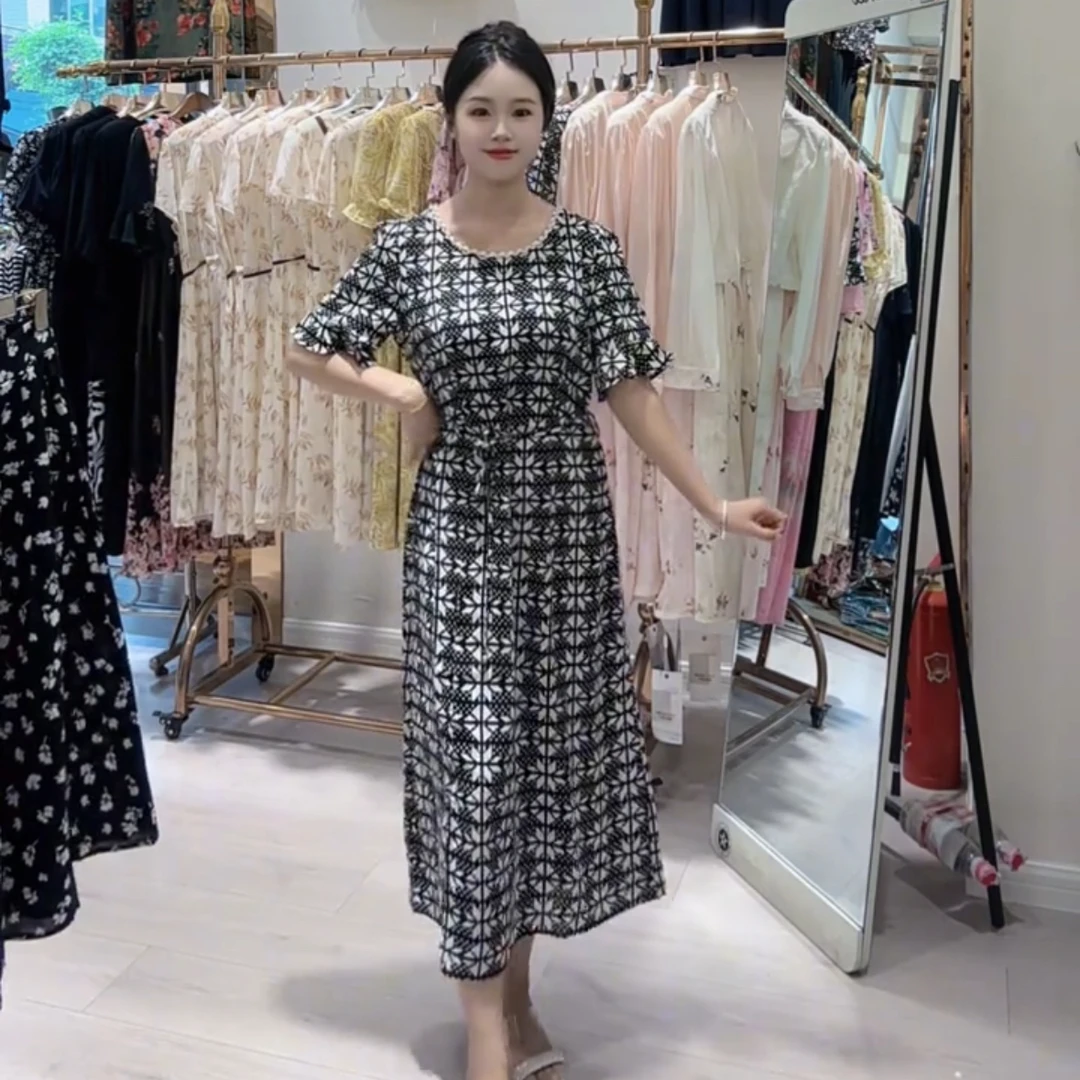 夏季新款高端系带印花收腰长款女士连衣裙显瘦气质