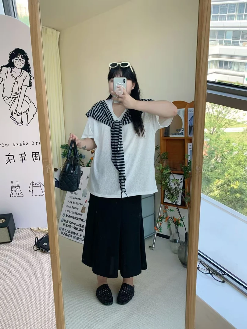 【鱼白专属】防晒T恤连接条纹披肩+低腰半身裙三件套女套装