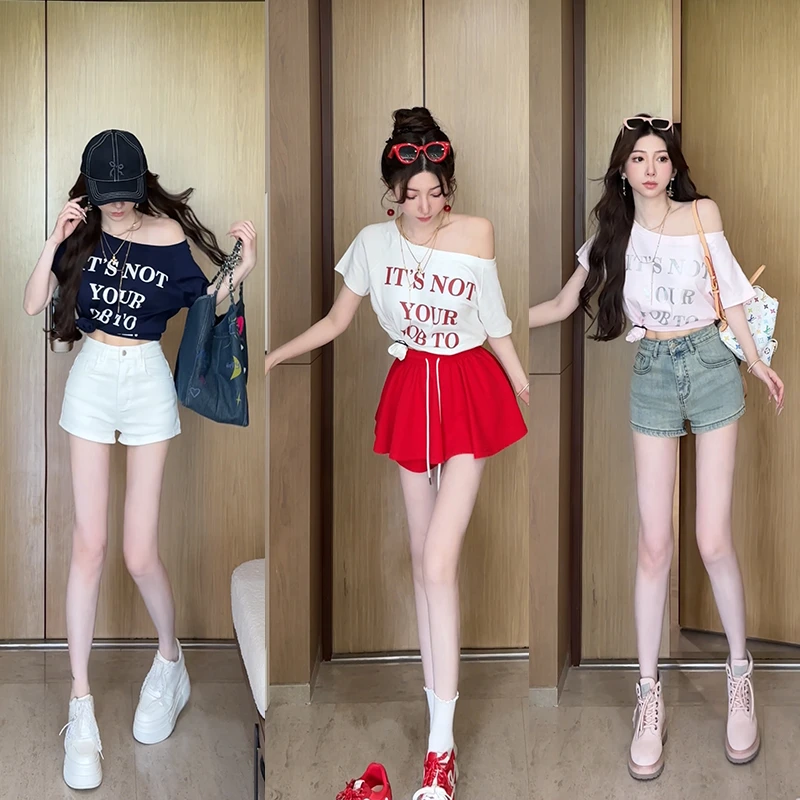 小雨姐姐夏款【瘦瘦T】时尚设计感斜肩撞色字母印花休闲百搭短袖T恤