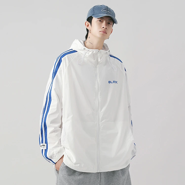 OLRIK户外UPF50+连帽字母印花三条杠拼接皮肤衣超薄防晒服7012