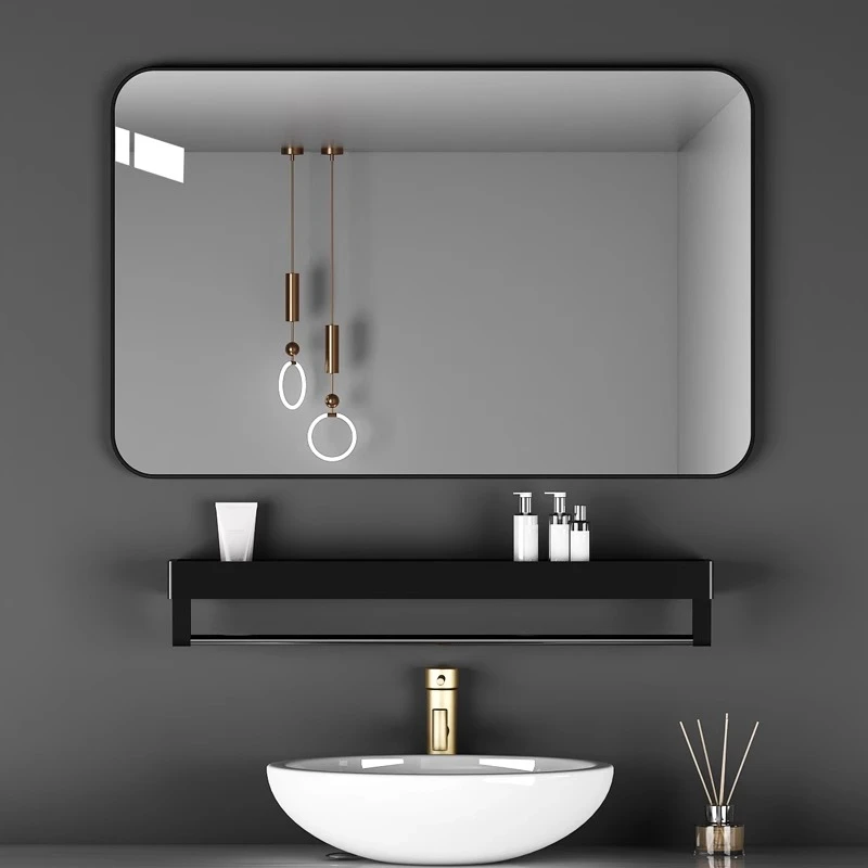 浴室镜子带置物架贴墙自粘卫生间厕所洗手台免打孔防水化妆镜挂墙