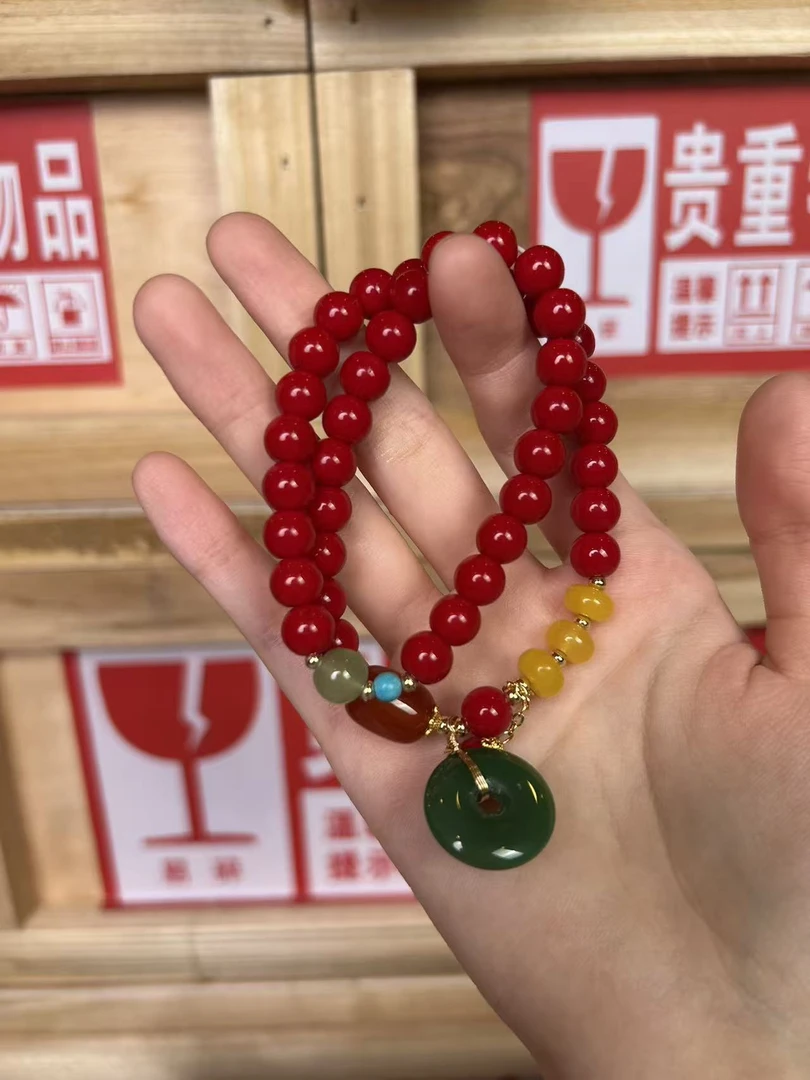 天然辰砂精品手串楠红平安扣型s-0433无礼盒无证书