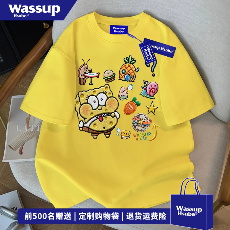 WASSUP HSUBE纯棉短袖T恤男女慵懒风仿刺绣卡通海绵宝宝宽松上衣