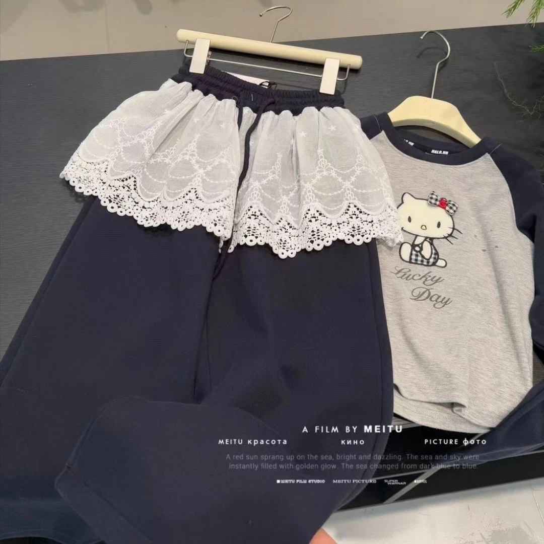 女童裤子春装2025新款蕾丝洋气假两件阔腿裤女大童春季运动直筒裤