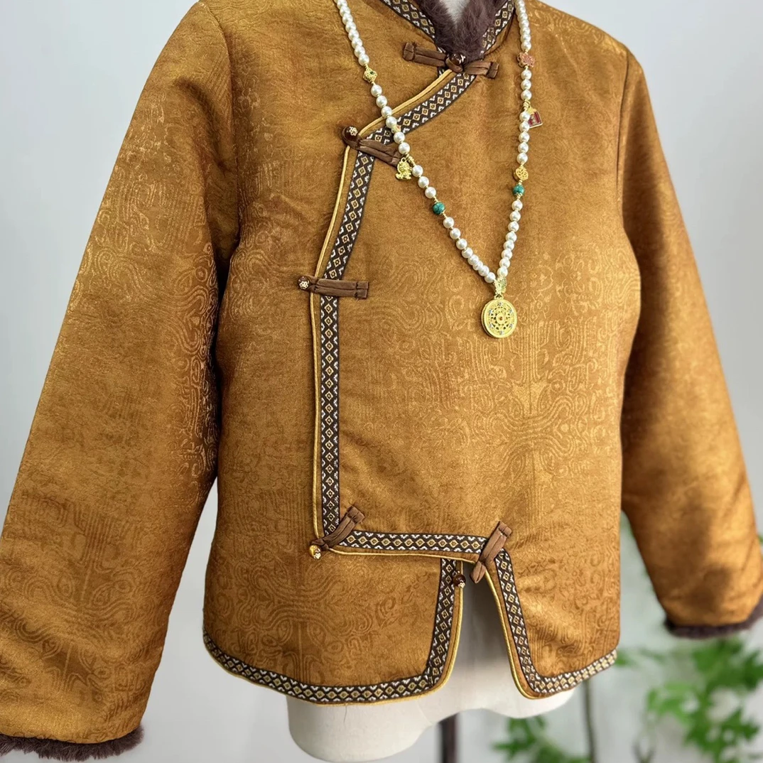 新中式国风套装时尚冬新款盘扣提花毛毛边加棉洋气舒适上衣