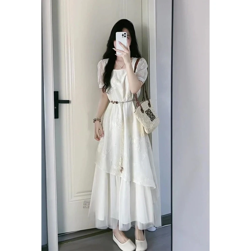 2025夏季新款法式连衣裙气质方口领提花短袖拼接设计感中长款裙子