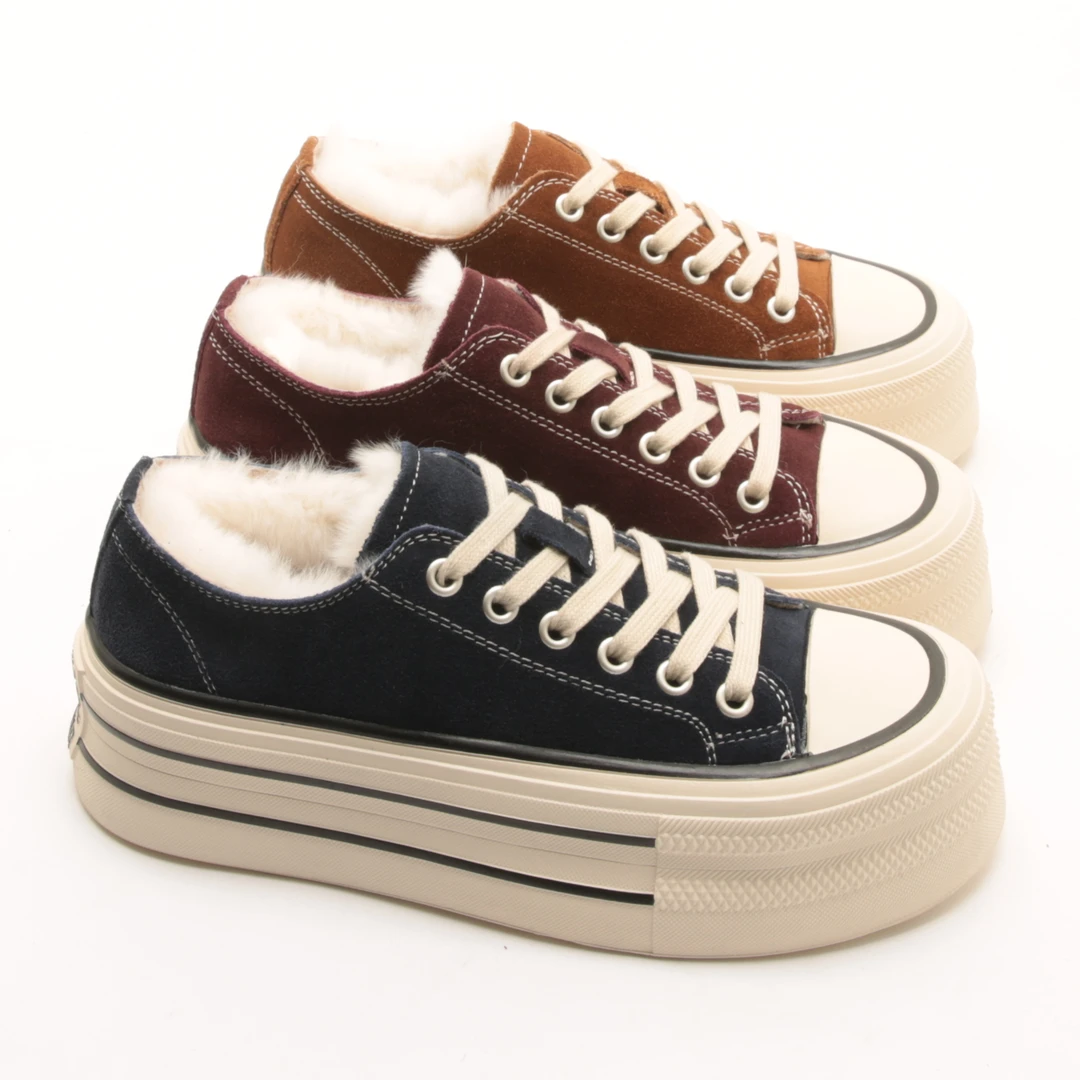 5562冬季新款系带真皮休闲板鞋女百搭加绒加厚保暖厚底棉鞋