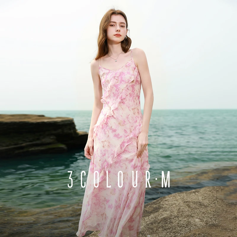 三彩2025夏季新款粉色荷叶边吊带裙无袖连衣裙小鱼尾A字裙长裙女M
