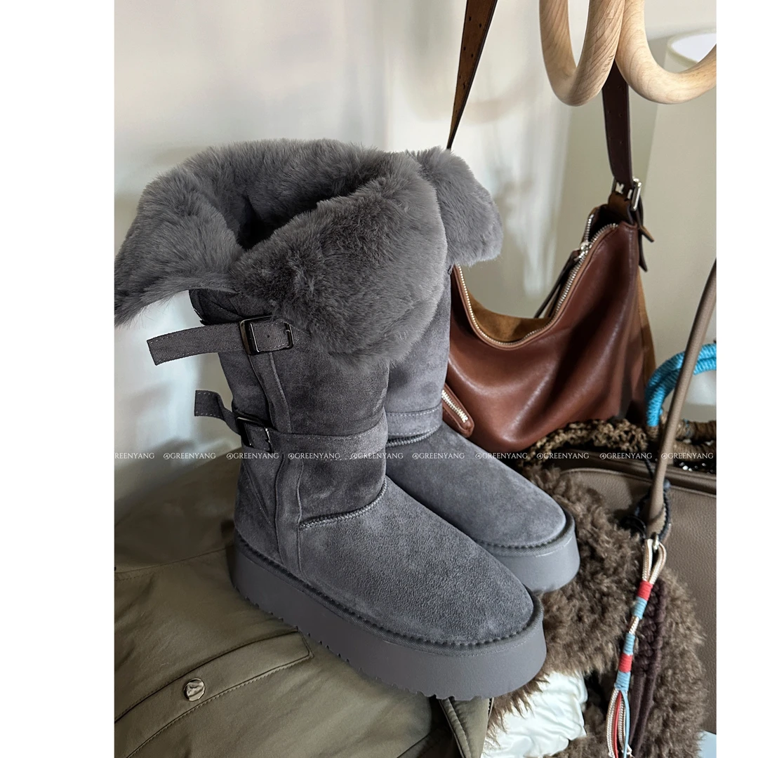老羊家~厚底灰色雪地靴女2025冬新款加厚绒增高搭扣长筒雪地棉鞋