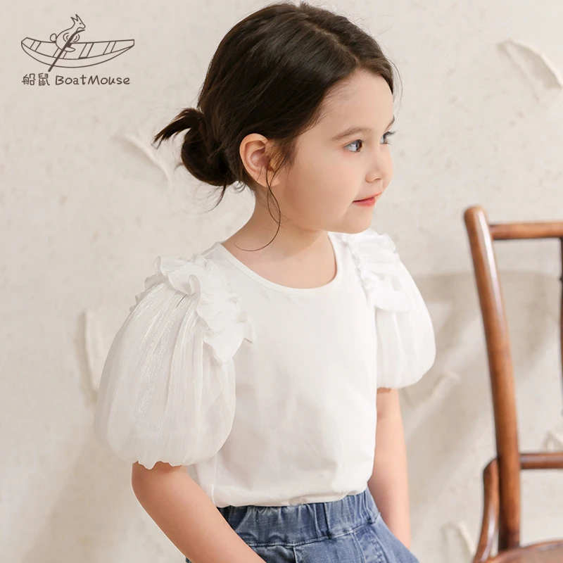 船鼠童装女童短袖t恤纯棉夏季 白色泡泡袖灯笼袖儿童女孩宝宝上衣