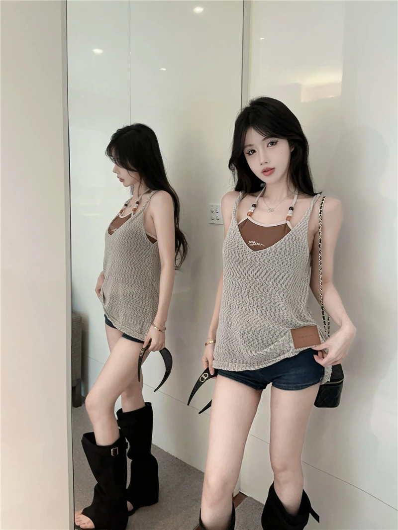 辣妹复古串珠挂脖吊带背心小衫女夏季独特外穿无袖罩衫上衣两件套