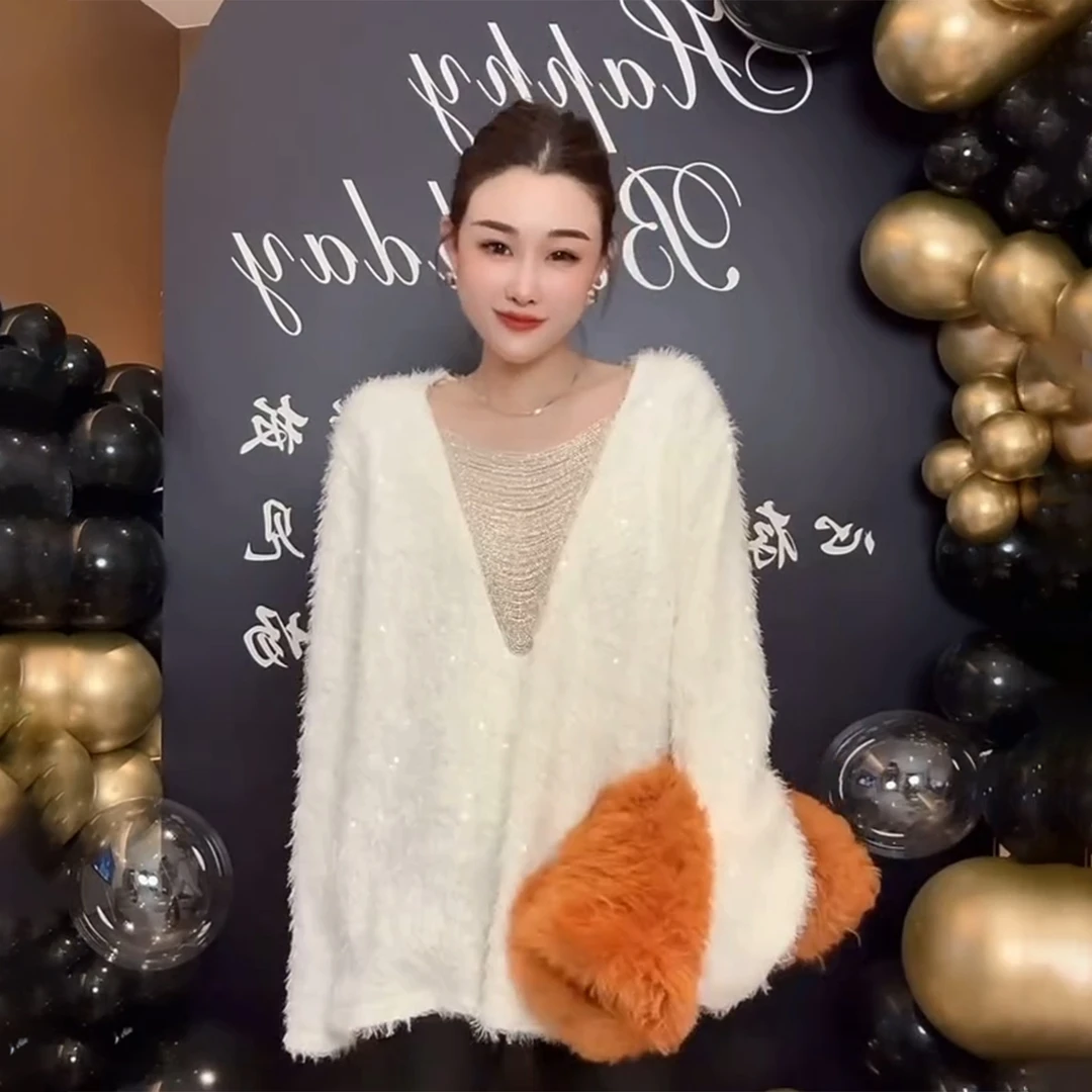 法式轻奢软糯V领亮片小衫女冬季新款气质松弛感性感洋气长袖上衣