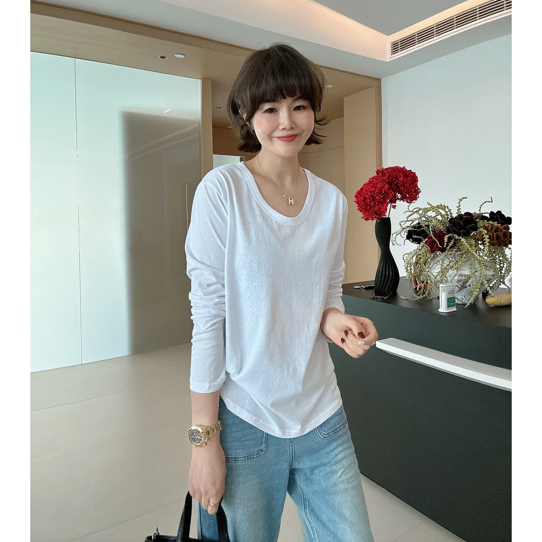 春秋基础款白色U领宽松百搭正肩长袖T恤内搭单穿打底衫