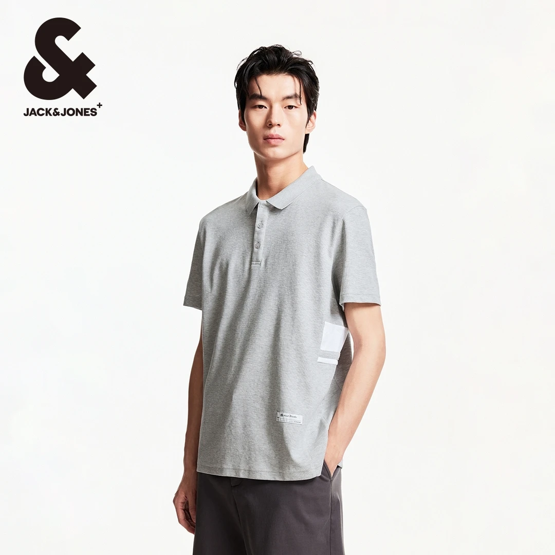 【商场同款】杰克琼斯春季翻领时尚条纹拼色字母贴布款POLO衫男装