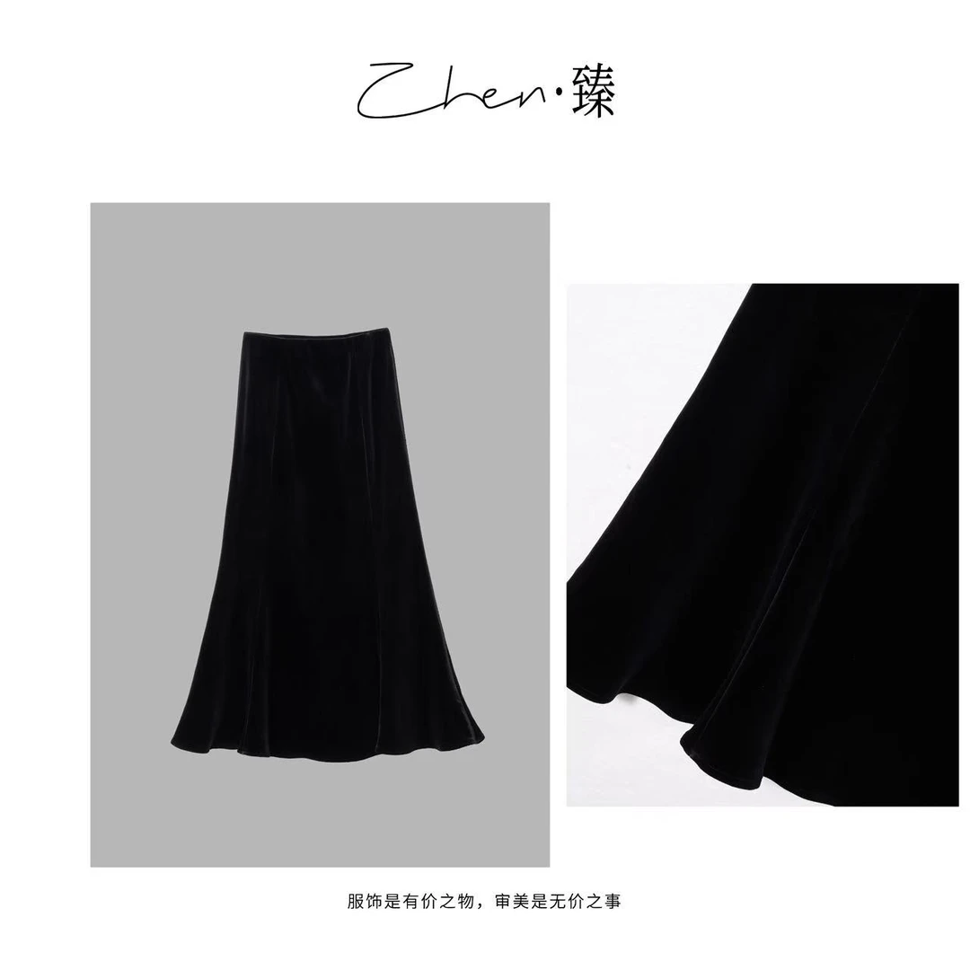ZHEN.臻 法式立裁高腰气质名媛丝绒鱼尾裙显瘦半身裙BQ8806Z