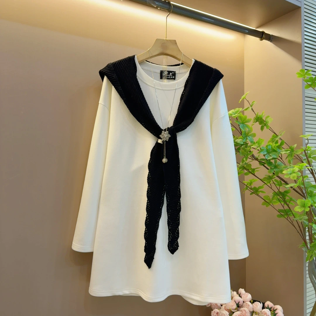 时尚韩版早秋圆领百搭宽松纯色气质减龄长衫（披肩可拆卸78左右）