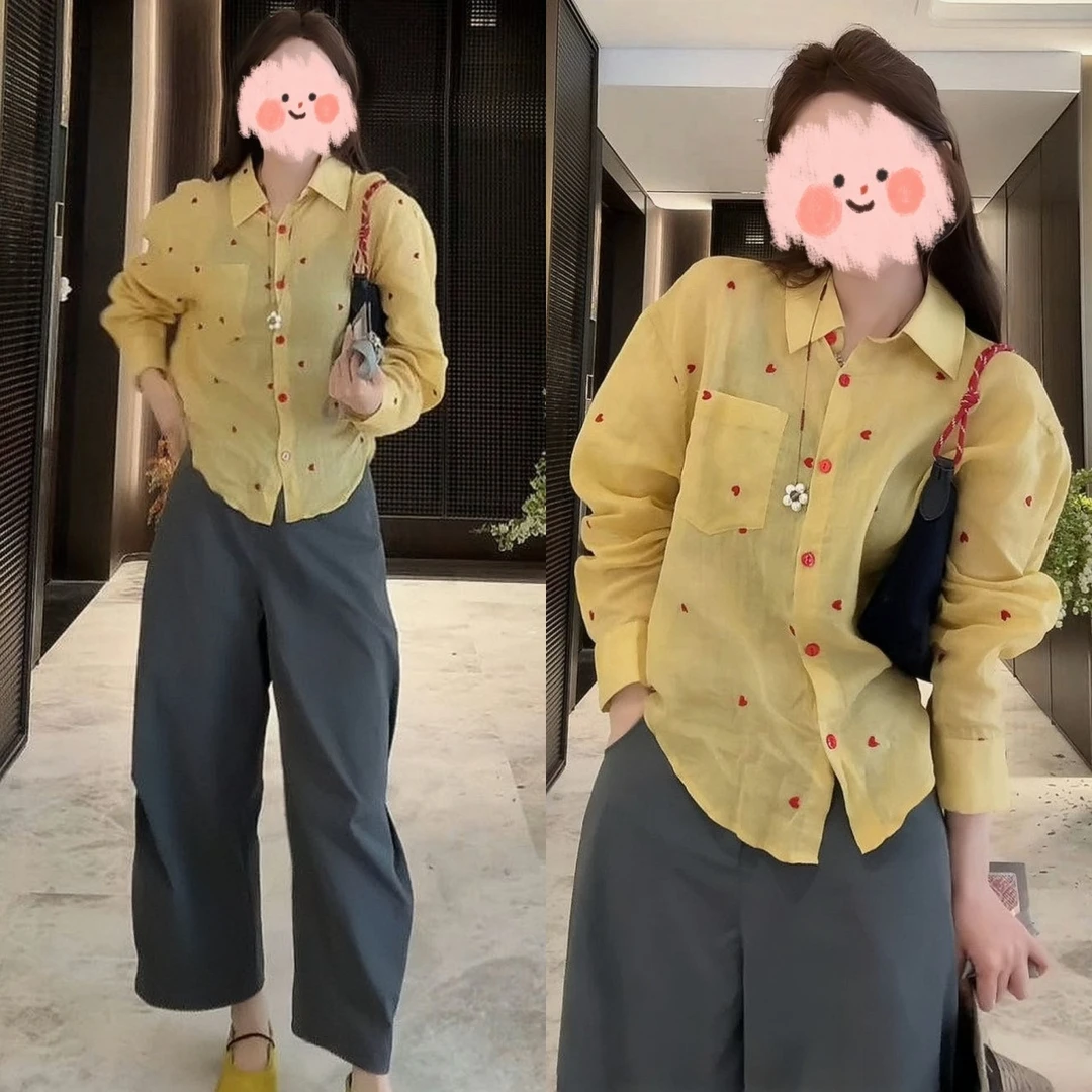 夏季高级感小众爱心刺绣薄款防晒衬衫2025新款显瘦九分休闲裤套装