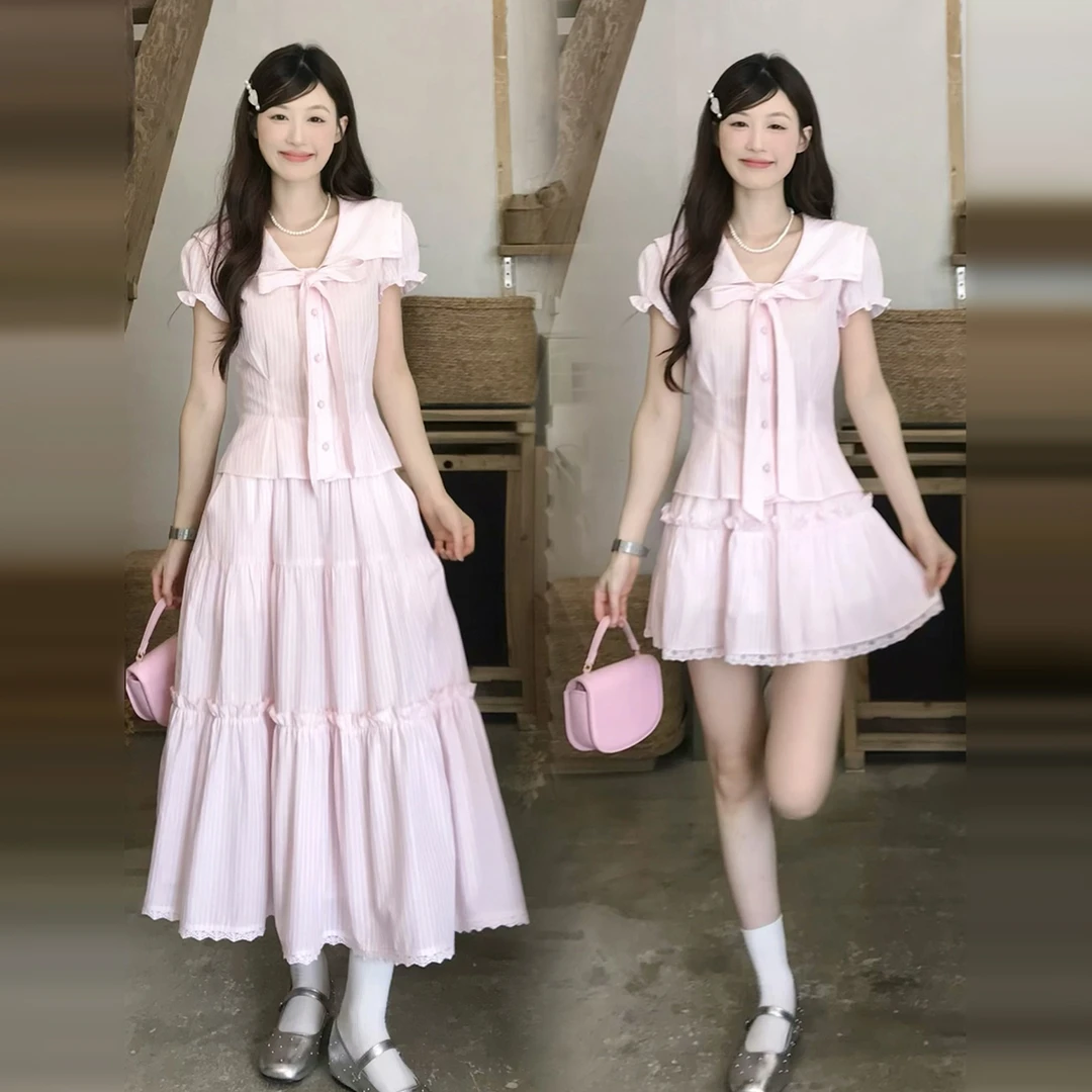 甜美风洋气衣服女夏季蝴蝶结短袖上衣韩风chic一整套新款半身裙潮