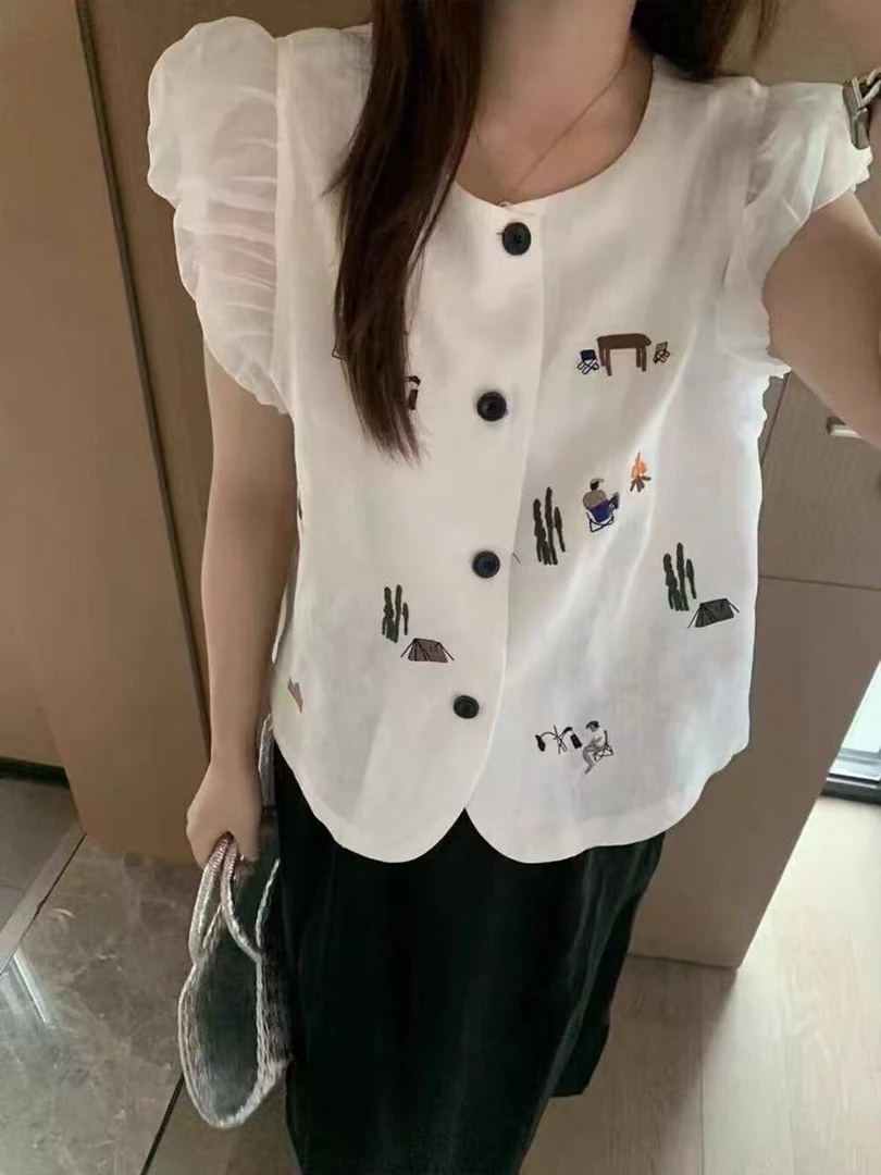【运费补贴】035韩系重工卡通刺绣小飞袖衬衫女新款花苞短袖上衣