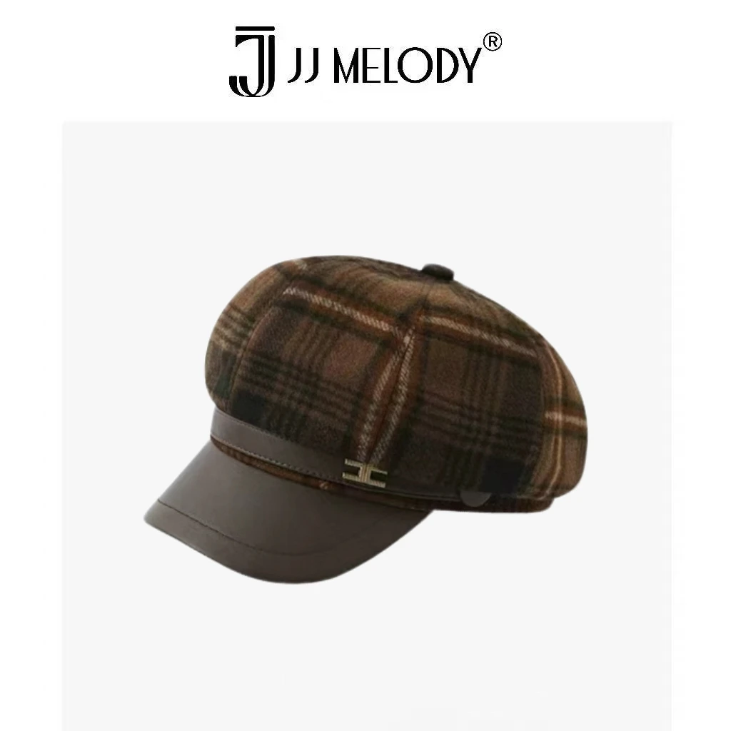 JJ Melody【双C】BL3014 X时尚百搭格纹带标八角帽  B